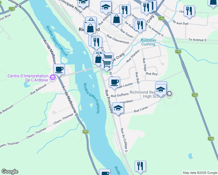 map of restaurants, bars, coffee shops, grocery stores, and more near 171 Rue Principale Sud in Richmond