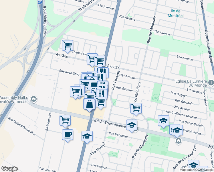 map of restaurants, bars, coffee shops, grocery stores, and more near 13061 Rue Forsyth in Montréal
