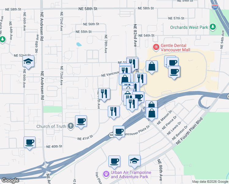 map of restaurants, bars, coffee shops, grocery stores, and more near 7900 Northeast Loowit Loop in Vancouver