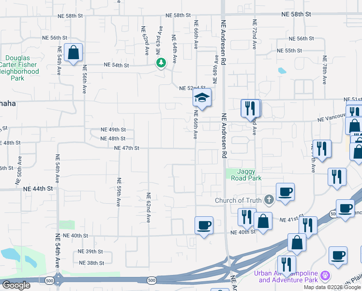 map of restaurants, bars, coffee shops, grocery stores, and more near 6506 Northeast 45th Way in Vancouver