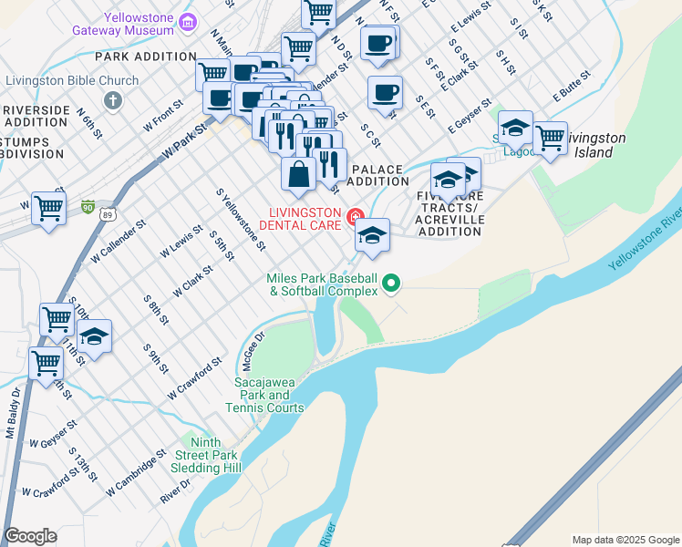 map of restaurants, bars, coffee shops, grocery stores, and more near 214 River Drive in Livingston