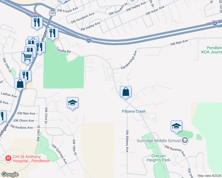 map of restaurants, bars, coffee shops, grocery stores, and more near 1251 Tutuilla Road in Pendleton