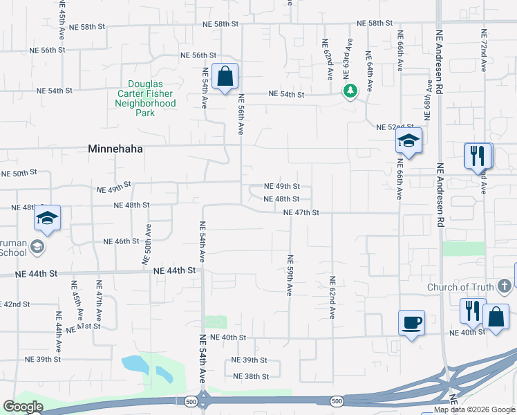 map of restaurants, bars, coffee shops, grocery stores, and more near 5704 Northeast 47th Street in Vancouver