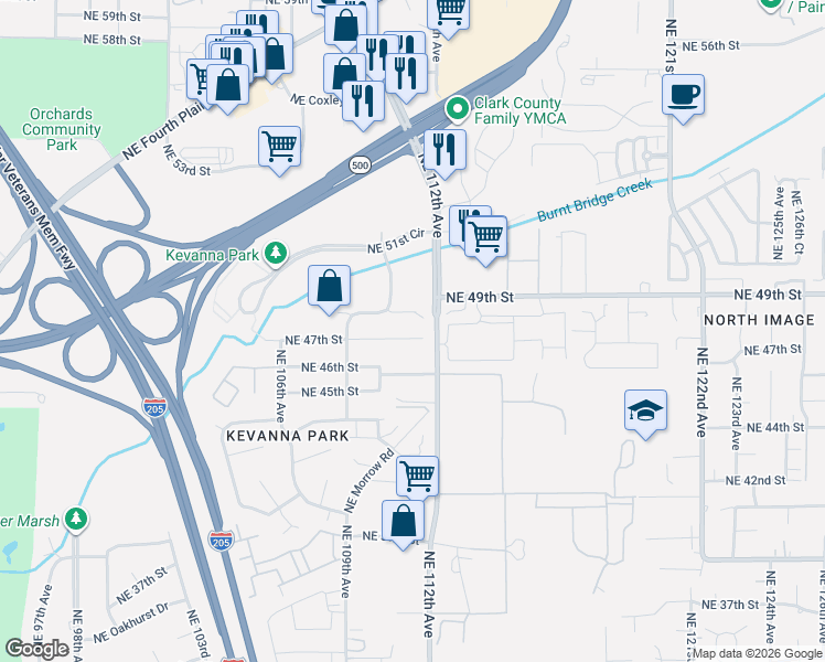 map of restaurants, bars, coffee shops, grocery stores, and more near 11104 Northeast 48th Circle in Vancouver