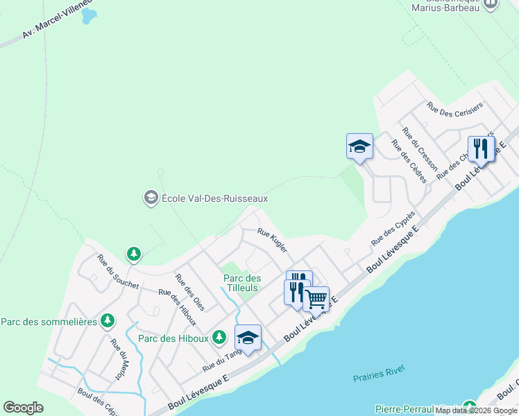 map of restaurants, bars, coffee shops, grocery stores, and more near Avenue des Trembles in Laval