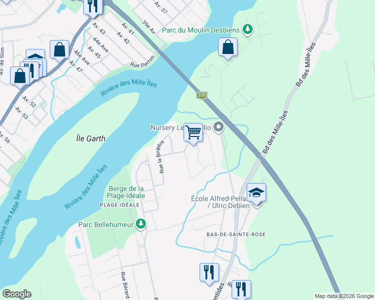 map of restaurants, bars, coffee shops, grocery stores, and more near 1260 Rue Bienville in Laval