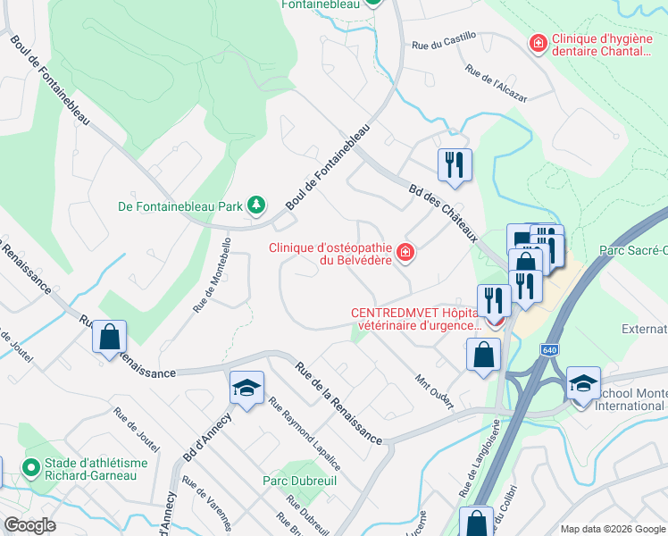 map of restaurants, bars, coffee shops, grocery stores, and more near 16 Rue Marcel Giguère in Blainville