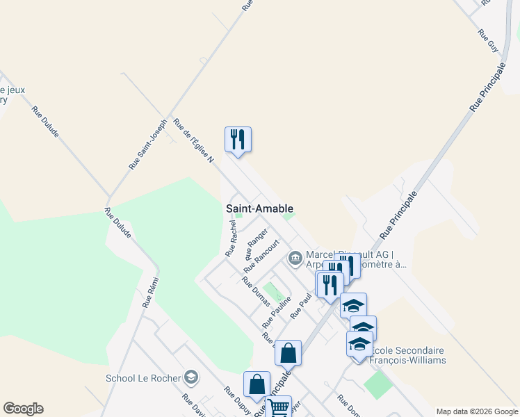 map of restaurants, bars, coffee shops, grocery stores, and more near 229 Rue de l'Église Sud in Montérégie