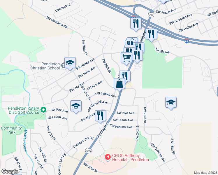 map of restaurants, bars, coffee shops, grocery stores, and more near 1008 Southwest 30th Street in Pendleton