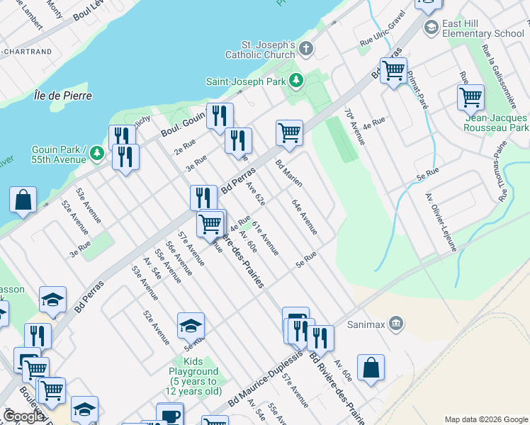 map of restaurants, bars, coffee shops, grocery stores, and more near 12370 62e Avenue in Montréal