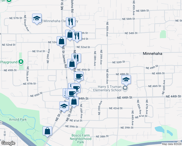 map of restaurants, bars, coffee shops, grocery stores, and more near 3710 Northeast 49th Street in Vancouver