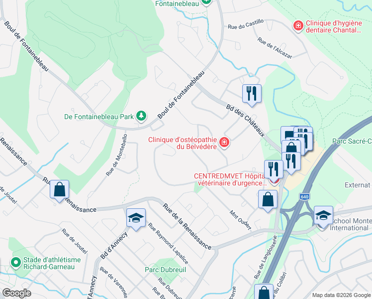 map of restaurants, bars, coffee shops, grocery stores, and more near 16 Rue Marcel Giguère in Blainville