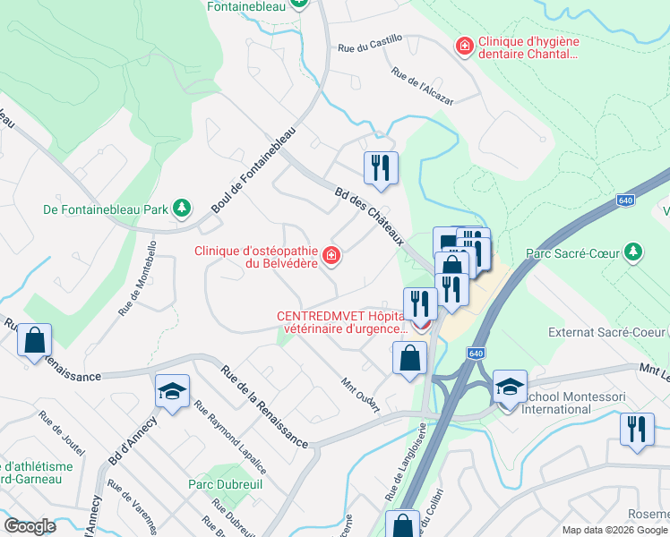 map of restaurants, bars, coffee shops, grocery stores, and more near 3 Rue Charbonneau in Blainville