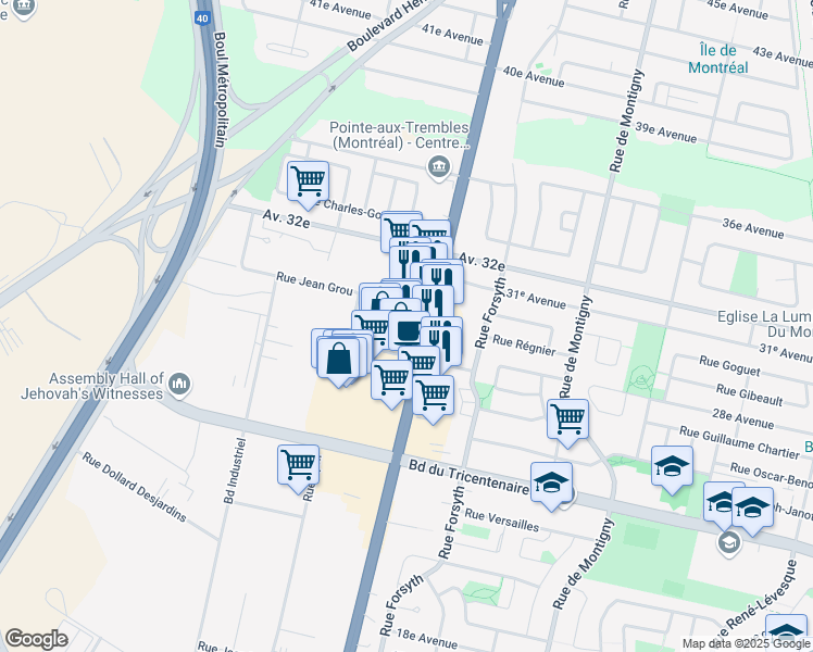 map of restaurants, bars, coffee shops, grocery stores, and more near 12905 Sherbrooke Street East in Montreal