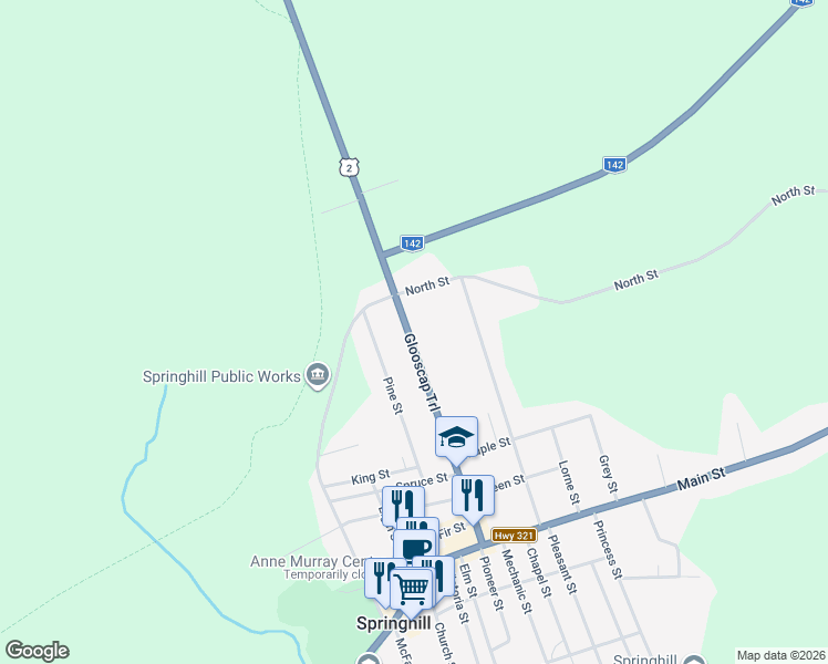 map of restaurants, bars, coffee shops, grocery stores, and more near 67 Junction Road in Springhill