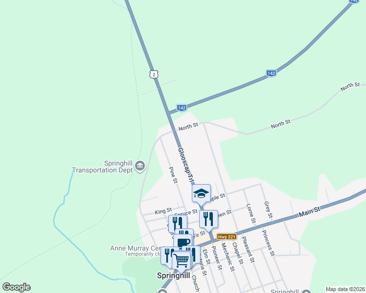 map of restaurants, bars, coffee shops, grocery stores, and more near 67 Junction Road in Springhill
