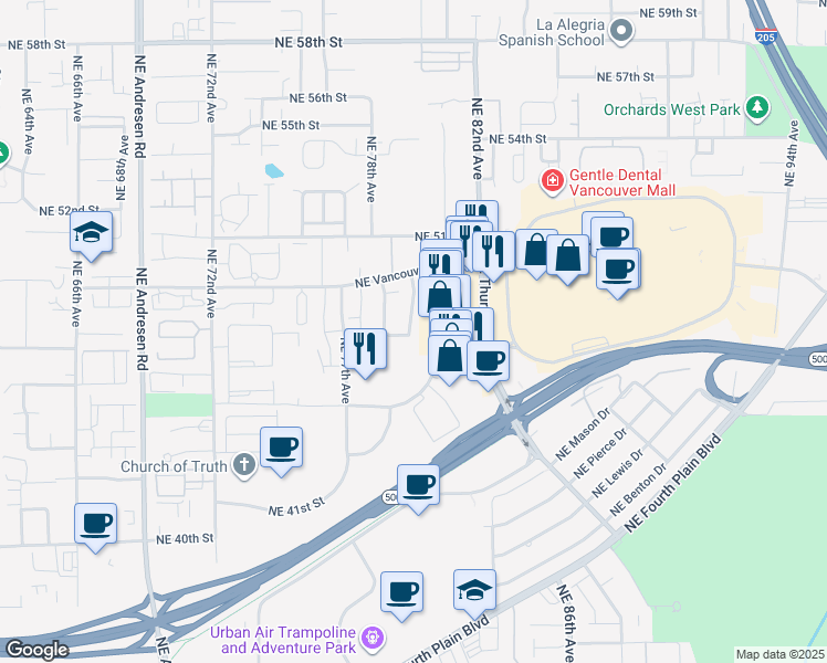 map of restaurants, bars, coffee shops, grocery stores, and more near 7921 Northeast Loowit Loop in Vancouver