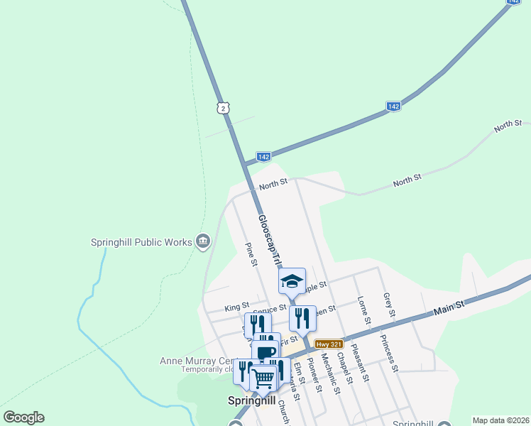 map of restaurants, bars, coffee shops, grocery stores, and more near 73 Junction Road in Springhill