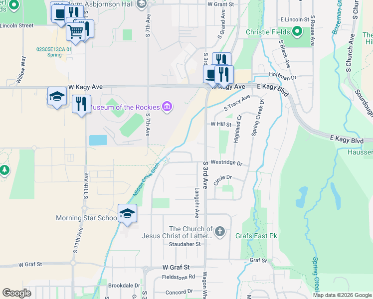 map of restaurants, bars, coffee shops, grocery stores, and more near 405 Overbrook Drive in Bozeman