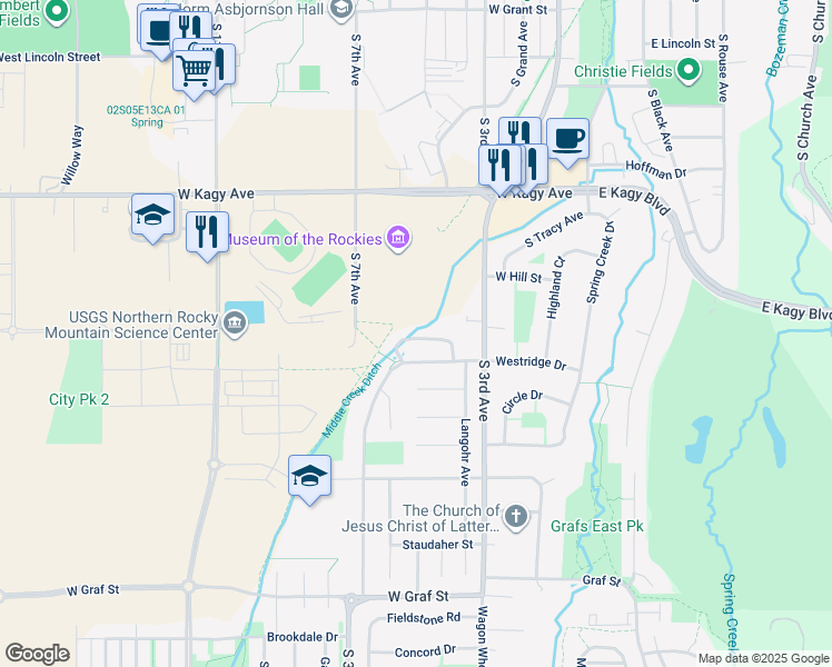 map of restaurants, bars, coffee shops, grocery stores, and more near 23 Overbrook Drive in Bozeman