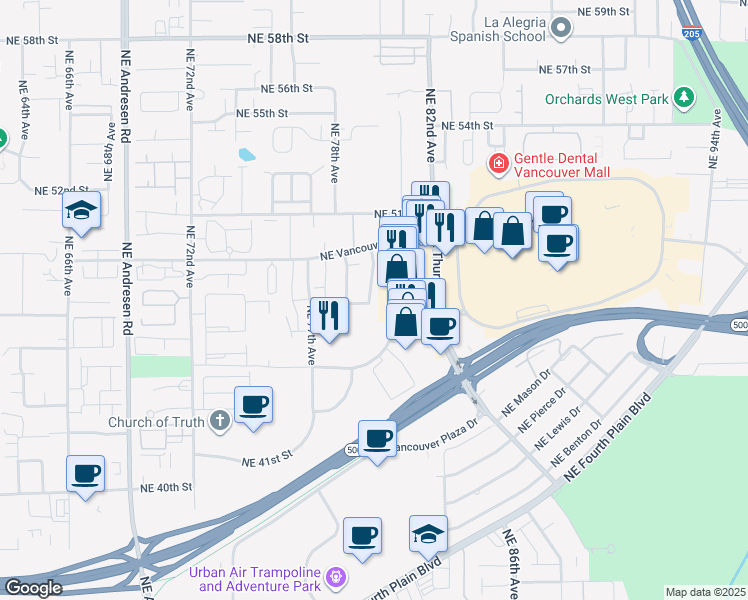 map of restaurants, bars, coffee shops, grocery stores, and more near 7921 Northeast Loowit Loop in Vancouver