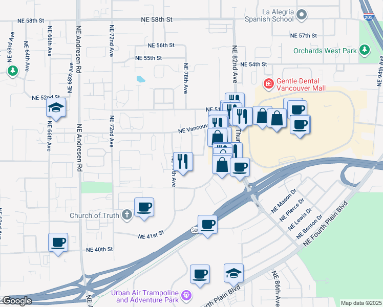 map of restaurants, bars, coffee shops, grocery stores, and more near 7921 Northeast Loowit Loop in Vancouver