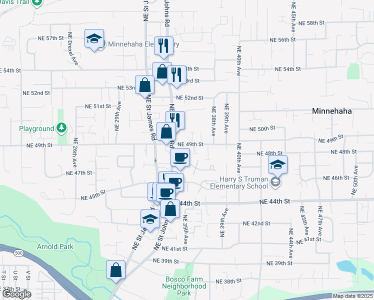 map of restaurants, bars, coffee shops, grocery stores, and more near 3600 Northeast 49th Street in Vancouver