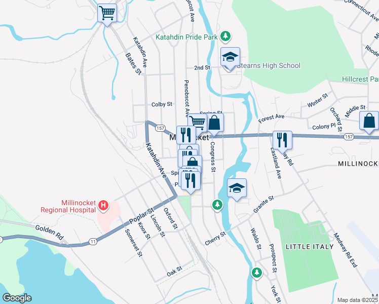 map of restaurants, bars, coffee shops, grocery stores, and more near in Millinocket