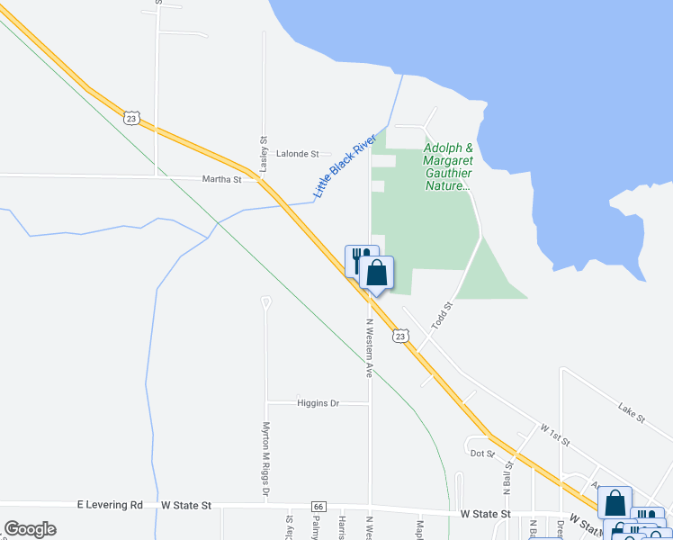 map of restaurants, bars, coffee shops, grocery stores, and more near 961 North Western Avenue in Cheboygan
