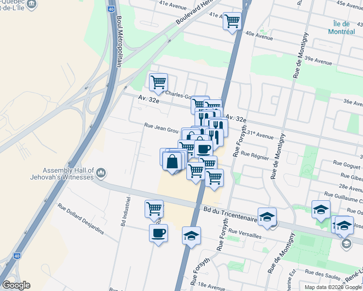 map of restaurants, bars, coffee shops, grocery stores, and more near 12845 Rue Jean Grou in Montréal