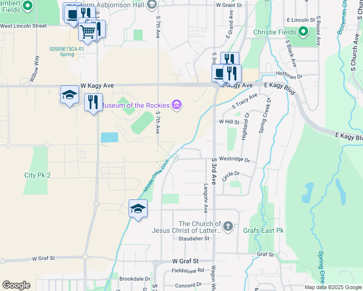 map of restaurants, bars, coffee shops, grocery stores, and more near 23 Overbrook Drive in Bozeman