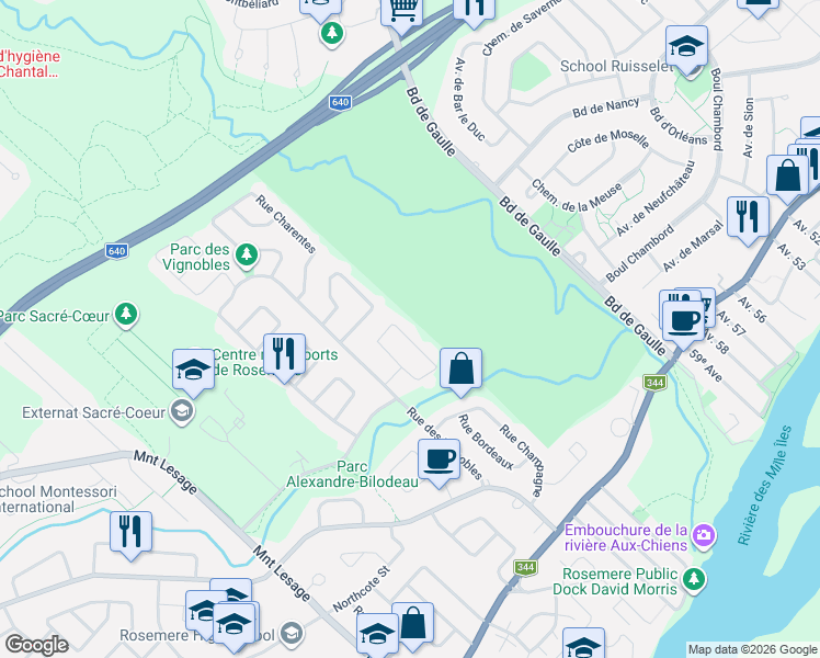 map of restaurants, bars, coffee shops, grocery stores, and more near 628 Rue du Cote du Rhone in Rosemère