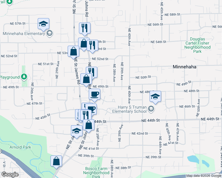 map of restaurants, bars, coffee shops, grocery stores, and more near 3710 Northeast 49th Street in Vancouver