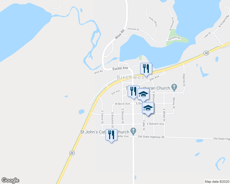 map of restaurants, bars, coffee shops, grocery stores, and more near 352 West Elm Street in Birchwood
