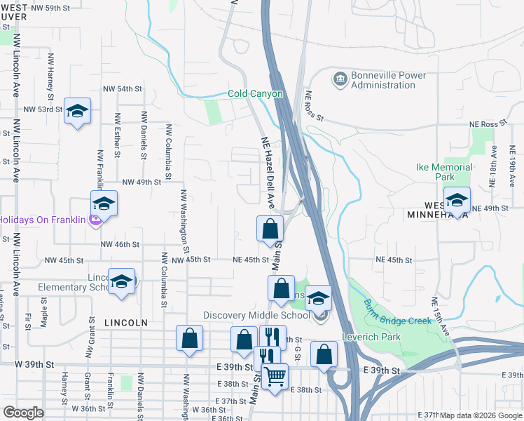 map of restaurants, bars, coffee shops, grocery stores, and more near 4718 Northeast Hazel Dell Avenue in Vancouver