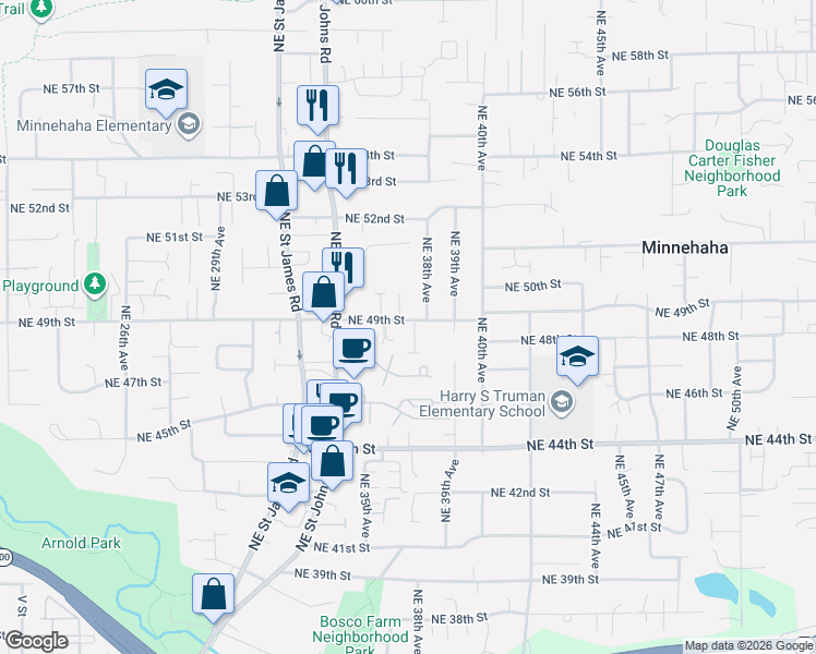 map of restaurants, bars, coffee shops, grocery stores, and more near 3703 Northeast 49th Street in Vancouver
