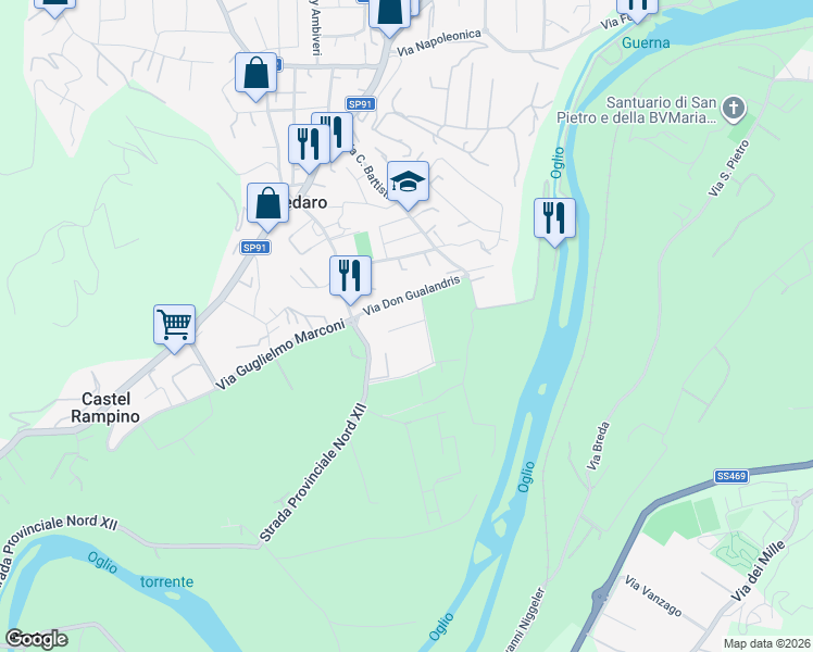 map of restaurants, bars, coffee shops, grocery stores, and more near 16 Via Don Gualandris in Provincia di Bergamo