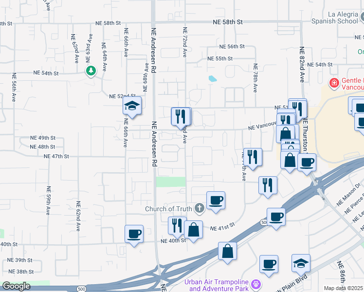 map of restaurants, bars, coffee shops, grocery stores, and more near 4774 Northeast 72nd Avenue in Vancouver