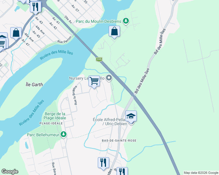map of restaurants, bars, coffee shops, grocery stores, and more near 2048 Rue Bienville in Laval