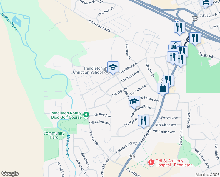 map of restaurants, bars, coffee shops, grocery stores, and more near 3017 Southwest Isaac Avenue in Pendleton
