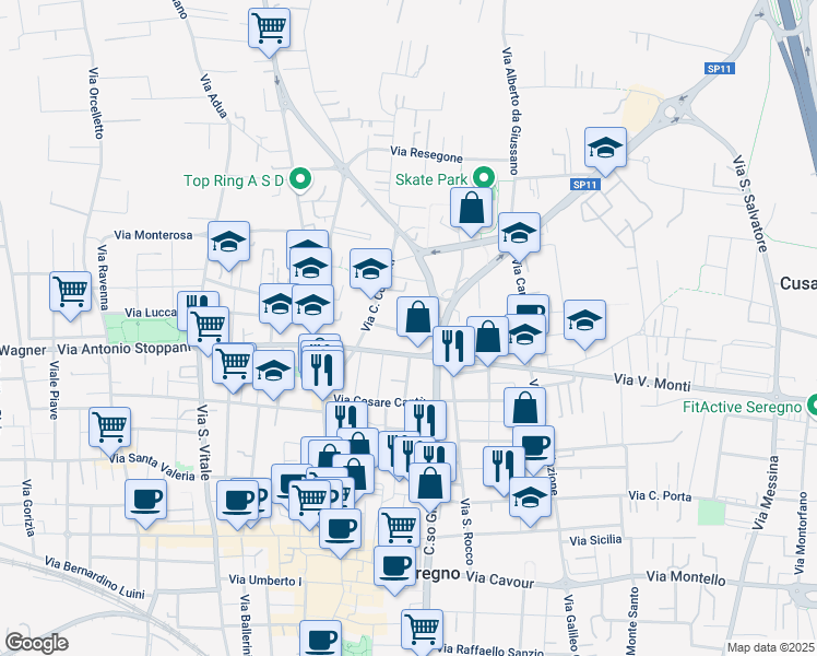 map of restaurants, bars, coffee shops, grocery stores, and more near 12 Via Don Longoni in Seregno