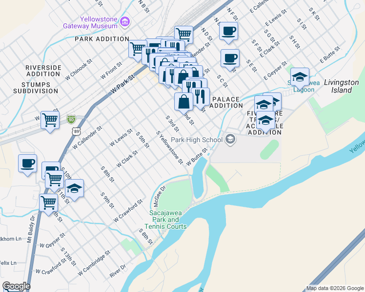 map of restaurants, bars, coffee shops, grocery stores, and more near 400-416 South 3rd Street in Livingston