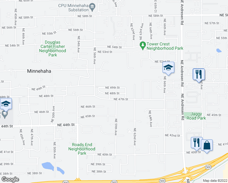 map of restaurants, bars, coffee shops, grocery stores, and more near 5818 Northeast 48th Street in Vancouver