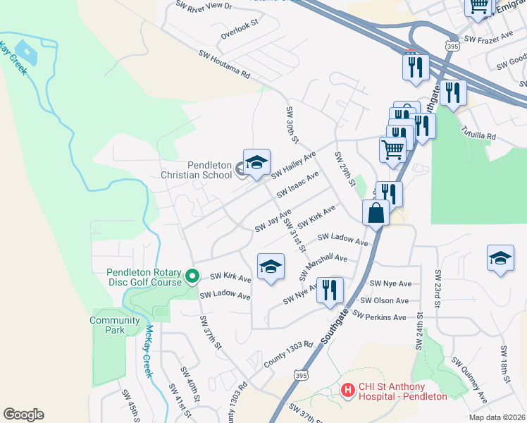 map of restaurants, bars, coffee shops, grocery stores, and more near 3119 Southwest Isaac Avenue in Pendleton