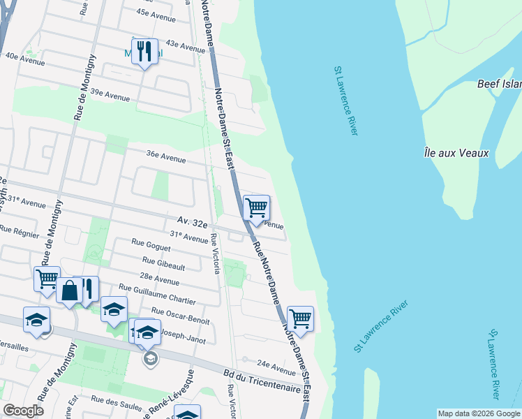 map of restaurants, bars, coffee shops, grocery stores, and more near 43 34e Avenue in Montréal