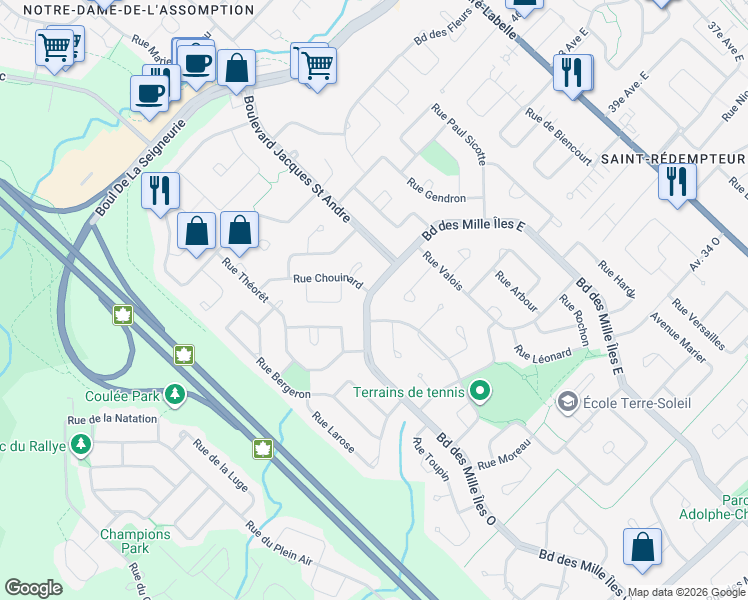 map of restaurants, bars, coffee shops, grocery stores, and more near 945 Boulevard des Mille Îles Ouest in Sainte-Thérèse