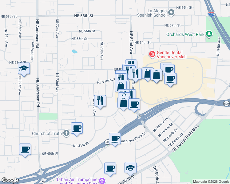 map of restaurants, bars, coffee shops, grocery stores, and more near 7920 Northeast Loowit Loop in Vancouver