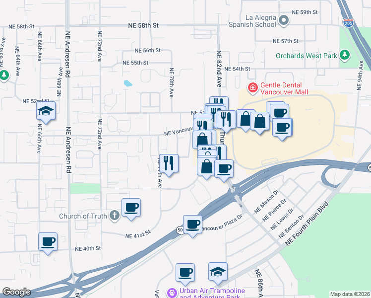 map of restaurants, bars, coffee shops, grocery stores, and more near 7921 Northeast Loowit Loop in Vancouver