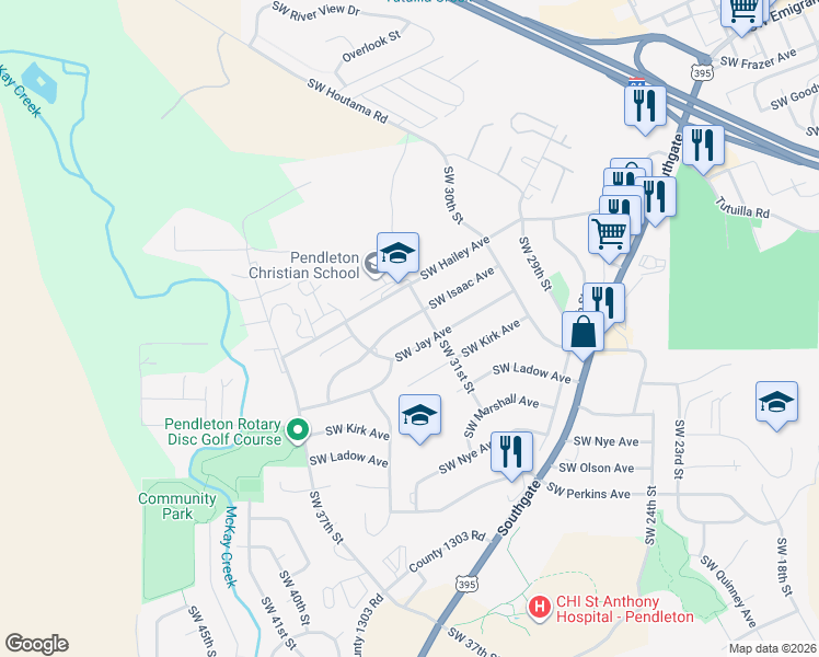 map of restaurants, bars, coffee shops, grocery stores, and more near 3119 Southwest Isaac Avenue in Pendleton