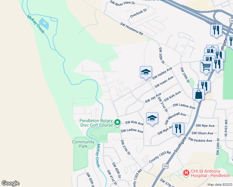 map of restaurants, bars, coffee shops, grocery stores, and more near 642 Southwest 37th Street in Pendleton
